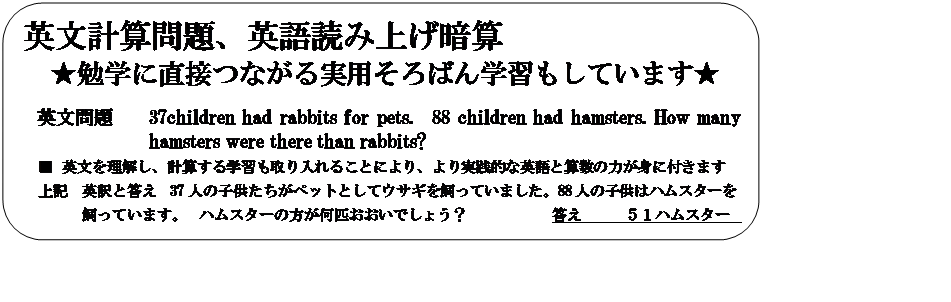 pێlp`: pvZApǂݏグÎZ@@
׊wɒڂȂp΂wKĂ܂

p@@37children had rabbits for pets.  88 children had hamsters. How many more hamsters were there than rabbits?
	p𗝉AvZwK邱ƂɂAHIȉpƎZ̗͂gɕt܂
L@pƓ@37l̎qybgƂăETMĂ܂B88l̎q̓nX^[
Ă܂B@nX^[̕Cł傤H@@@@@@@@@TPnX^[@

